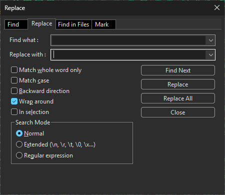 The Find and Replace dialog, with its Match whole word, Match case, and regular-expression options