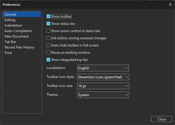The Preferences dialog's General page, with the localization, toolbar icon style, and theme options